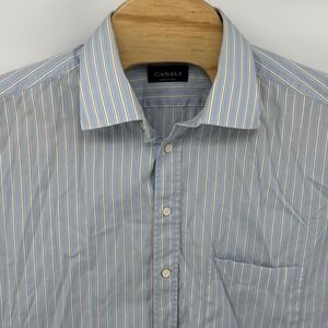 Canali Men's Blue Striped Dress Shirt Made in Italy Size 46/18 Cotton